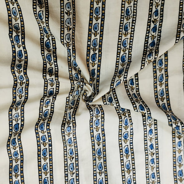( Pre-Cut 2.20 Meter ) Pure Cotton Ajrak Cream With Blue And Yellow Leaves Border Hand Block Print Fabric