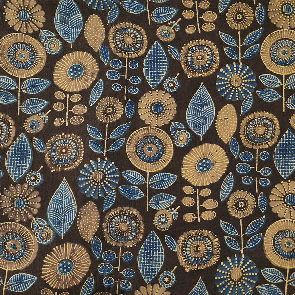 Pure Cotton Ajrak Dark Brown With Mustard And Light Blue Flower Design Hand Block Print Fabric