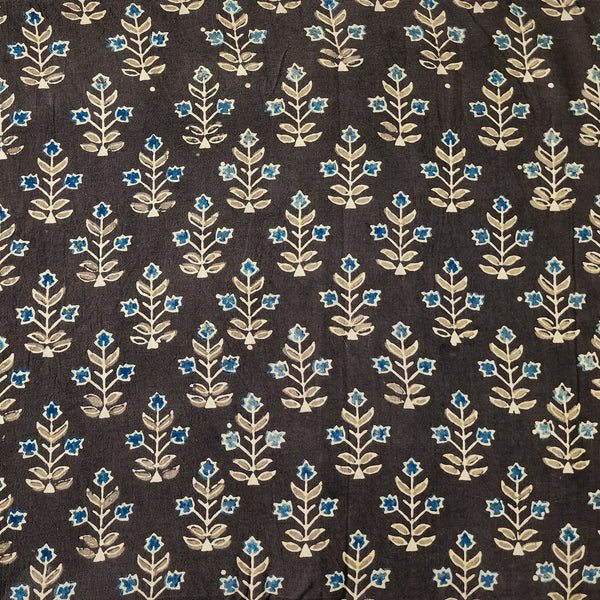 Pure Cotton Ajrak Dark Brown With Rust Blue Hand Block Print Fabric