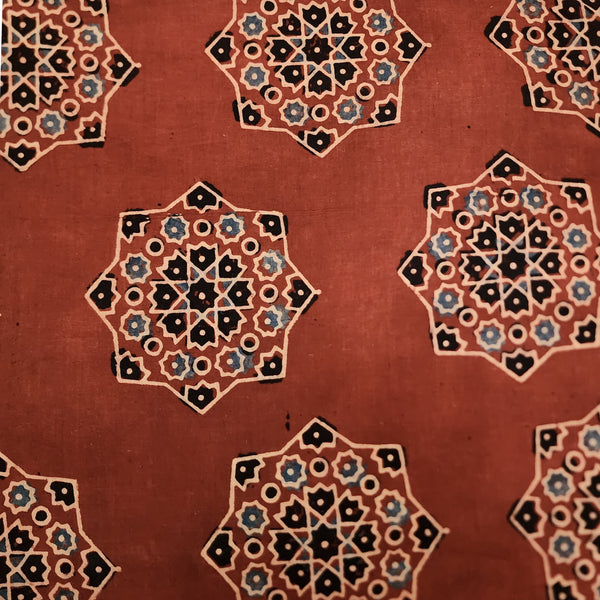 Pure Cotton Ajrak Red With Light Blue With Black Big Flower Intricate Design Hand Block Print Fabric