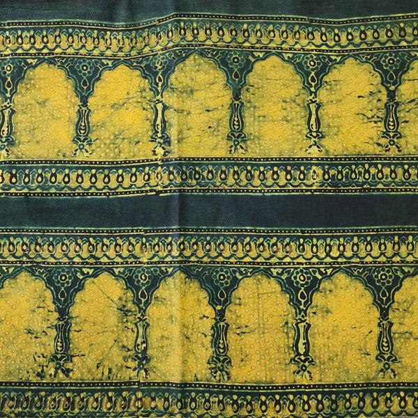 Pure Cotton Ajrak Rust Green With Yellow Intricate Minar Hand Block Print Fabric