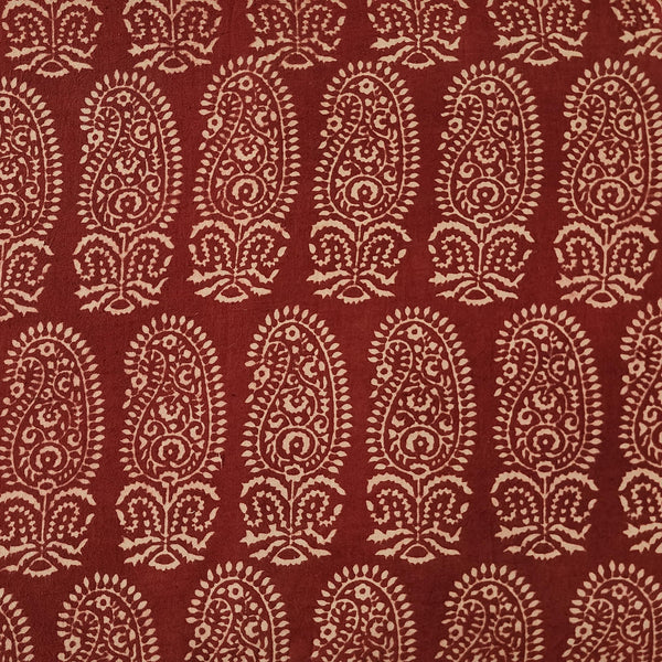 Pure Cotton Ajrak Rust Red With Cream And Big Kairi Motif Hand Block Print Fabric