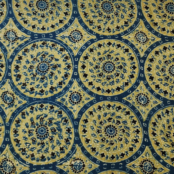 Pure Cotton Ajrak Sandy Brown  With Blue Intricate Chakkar Design Hand Block Print Fabric
