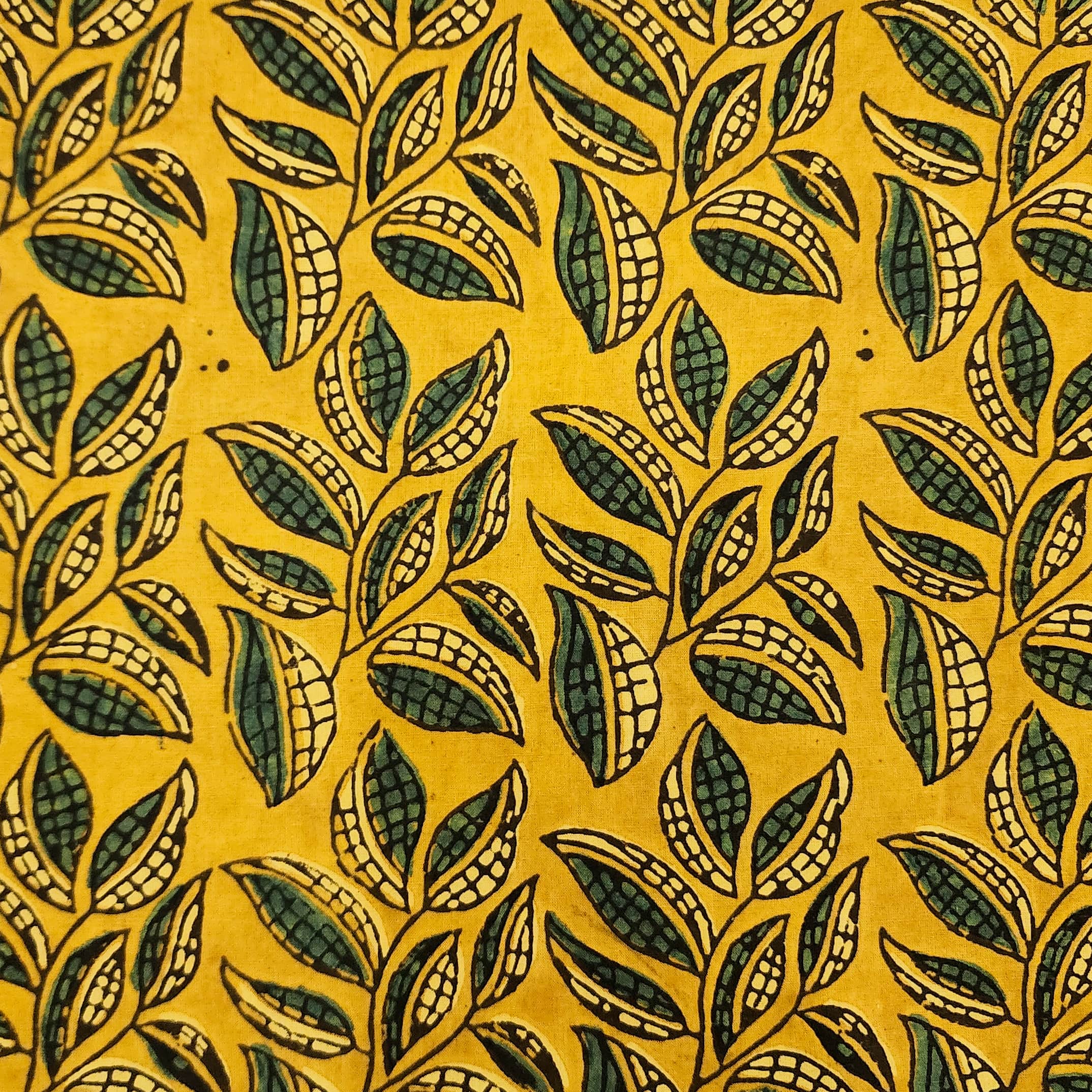 Pure Cotton Ajrak Turmeric With Green Leaves Jaal Hand Block Print Fab