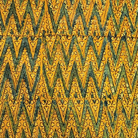 Pure Cotton Ajrak Yellow With Green Zig-Zag Intricate Design Hand Block Print Fabric Pure Cotton Ajrak Yellow With Green Zig-Zag Intricate Design Hand Block Print Fabric