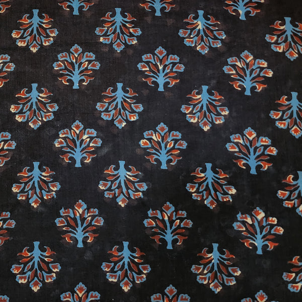 Pure Cotton Bagru Black With Blue Wild Flower  Hand Block Print Fabric