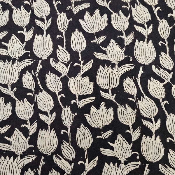 Pure Cotton Bagru Black With Cream Flower Creeper Hand Block Print Fabric
