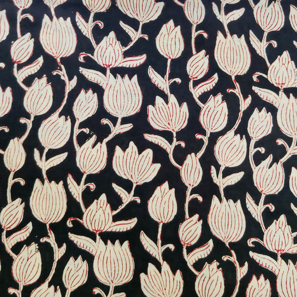Pure Cotton Bagru Black With Cream Intricate Lotus Flower Jaal Hand Block Print Fabric
