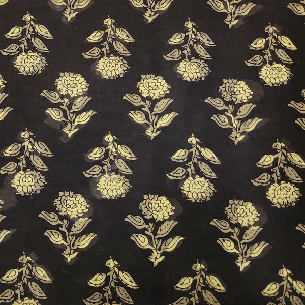 Pure Cotton Bagru Black With Green Flower Motif Hand Block Print Fabric
