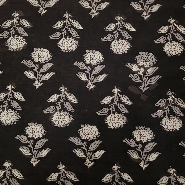 Pure Cotton Bagru Black With Grey Flower Motif Hand Block Print Fabric