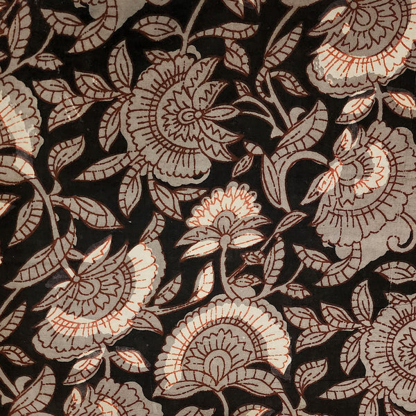 Pure Cotton Bagru Black With Grey Wild Flower Jaal Hand Block Print Fabric