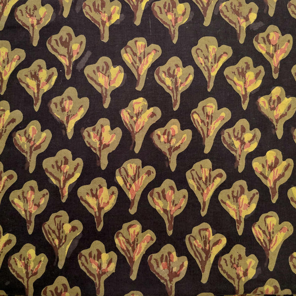 Pure Cotton Bagru Black With Mustard And Brown Flower Hand Block Print Fabric