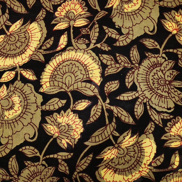 Pure Cotton Bagru Black With Mustard Wild Flower Jaal Hand Block Print Fabric