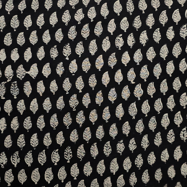 Pure Cotton Bagru Black With White Small Leaves Motif Hand Block Print Fabric