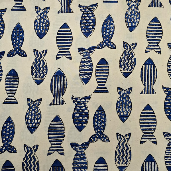 Pure Cotton Bagru Cream With Blue Fish Hand Block Print Fabric