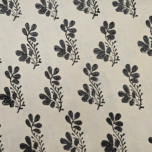 Pure Cotton Bagru Cream With Grey Flower Motif  Hand Block Print Fabric