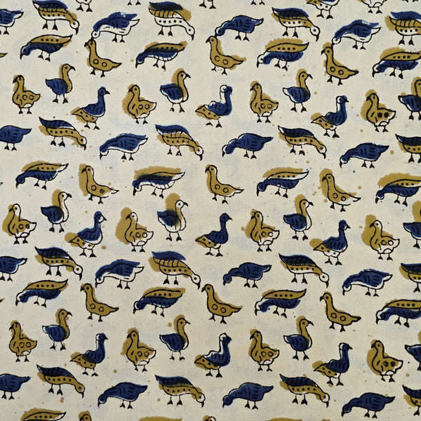 Pure Cotton Bagru Cream With  Mustard And Blue Dunks Hand Block Print Fabric