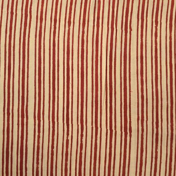 Pure Cotton Bagru Cream With Rust Red Double Stripes Hand Block Print Fabric