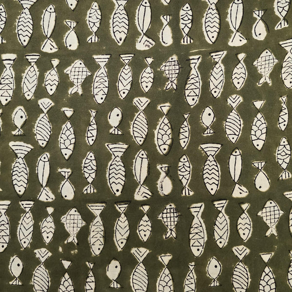 Pure Cotton Bagru Green With Cream Fish Hand Block Print Fabric