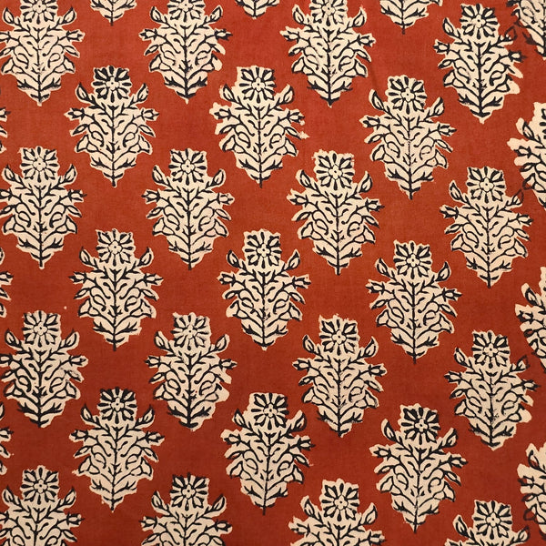 Pure Cotton Bagru Rust Red With Off White Flower Motif Hand Block Print Fabric