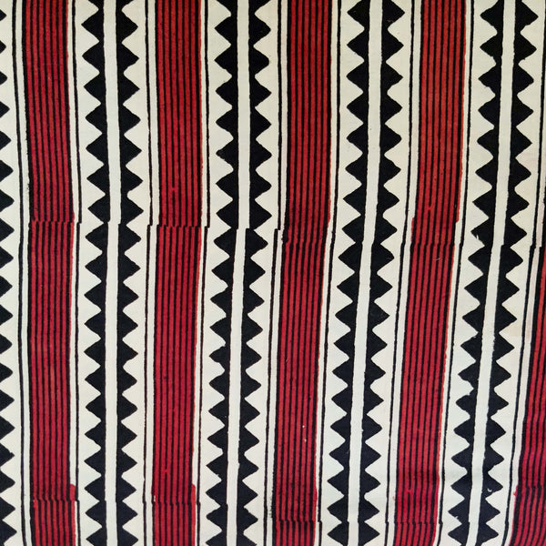 Pure Cotton Bagru Rust With Cream And Black Intricate Triangle Border Hand Block Print Fabric