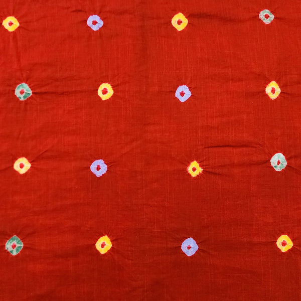 ( 2.5 Meter Fabric ) Pure Cotton Bandhani Red With Yellow With Blue Tie And Dyed Fabric