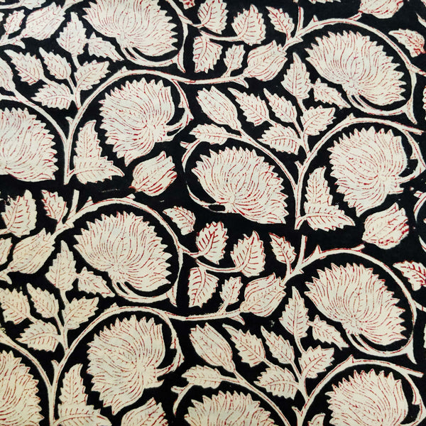Pure Cotton Bargu Black With Cream Intricate Blif Wild Lotus Jaal Hand Block Print Fabric