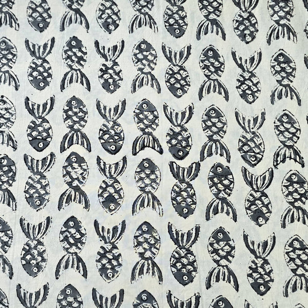 Pure Cotton Bagru Cream With Black Fish Motif Hand Block Print Fabric