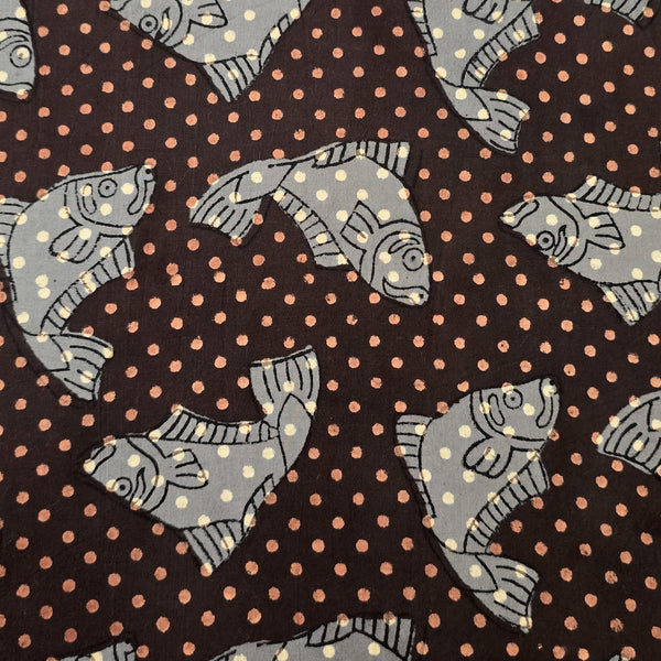 Pure Cotton Bagru Dark Brown With Grey Fish Motif Hand Block Print Fabric