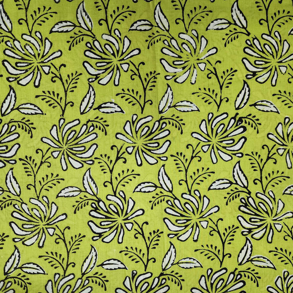 Pre-Cut 0.95 Meter Pure Cotton Dabu Green With Cream Floral Jaal Hand Block Print Fabric