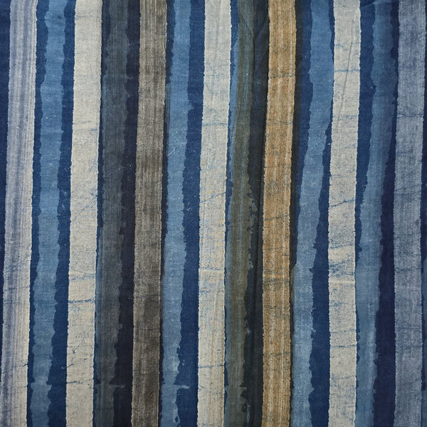 Pure Cotton Dabu Multi Blocks Stripes With Blue ,White,And Grey , Ligth Brown Hand Block Print Fabric