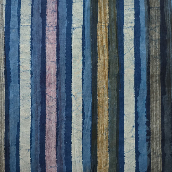 Pure Cotton Dabu Multi Blocks Stripes With Blue,White, Purple , Grey ,  And Brown, Hand Block Print Fabric