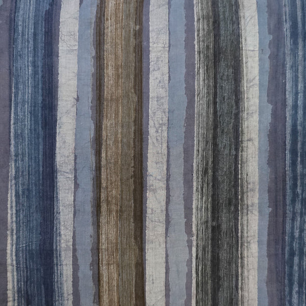 Pure Cotton Dabu Multi Blocks Stripes With Shades Grey, Blue And Brown Hand Block Print Fabric