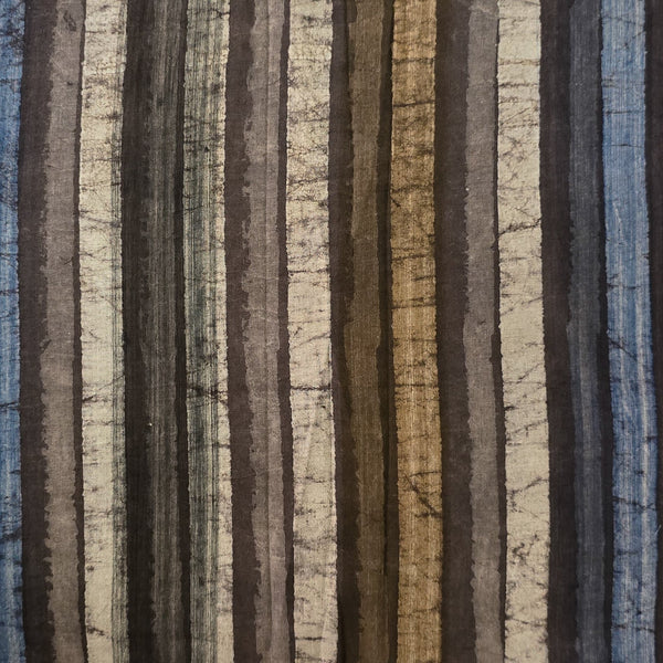 Pure Cotton Dabu Multi Blocks Stripes With  Dark  Brown , Grey ,White , And Blue , Hand Block Print Fabric