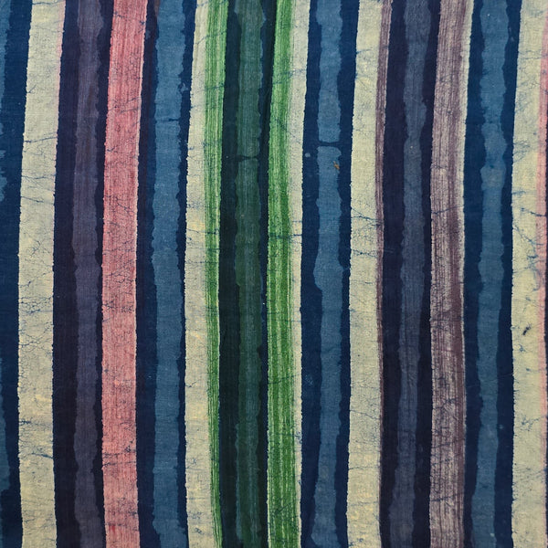 Pure Cotton Dabu Multi Blocks Stripes  With  Shades Of Blue, Green,White,Puple  And Pink Hand Block Print Fabric