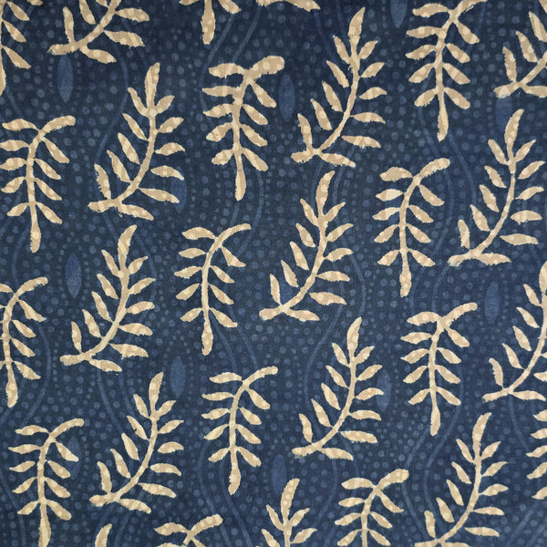 Pure Cotton Bagru With Blue And White Leaves Hand Block Print Fabric