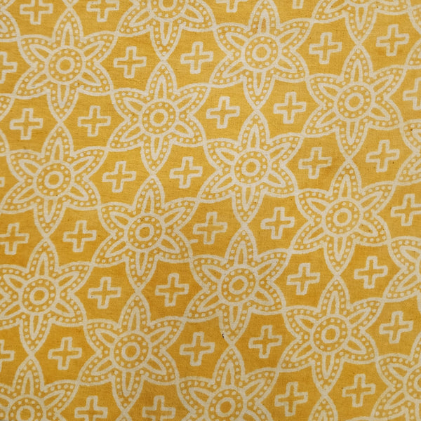 ( Pre-Cut 1.75 Meter ) Pure Cotton Dabu Yellow With Cream Floral All Over Pattern Hand Block Print Fabric