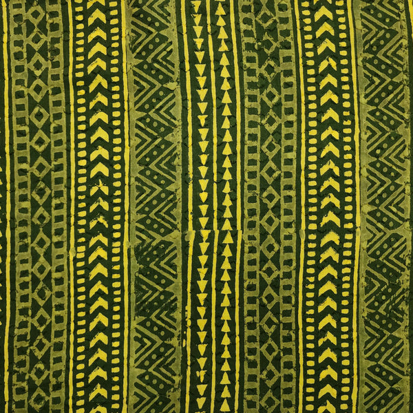 PRE-CUT 1.80 METER Pure Cotton Dark Green Discharge With Yellow Border Stripes Hand Block Print Fabric