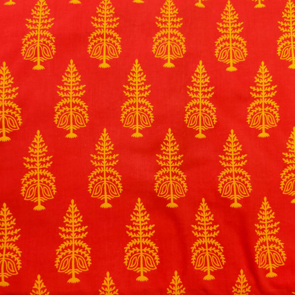 ( Pre-Cut 0.90 Meter ) Pure Cotton Discharge Dabu Red With Yellow Indian Tree Block Hand Block Print Fabric