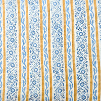 Pure Cotton Discharge Off White With Yellow Stripes And Blue Creeper Flower Jaal Hand Block Print Fabric Pure Cotton Discharge Off White With Yellow Stripes And Blue Creeper Flower Jaal Hand Block Print Fabric