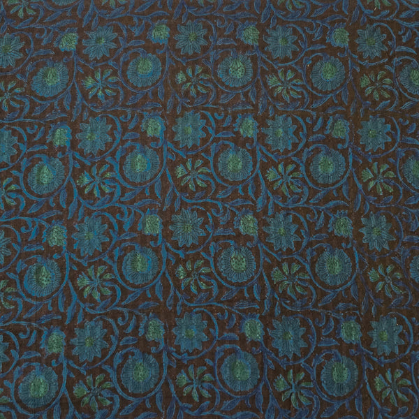 Pure Cotton Doby Dabu Black With Teal Blue Flower Jaal Hand Block Print Fabric