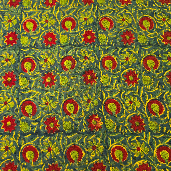Pure Cotton Doby Dabu  Mehendi Green With Red And Yellow Flower Jaal Hand Block Print Fabric
