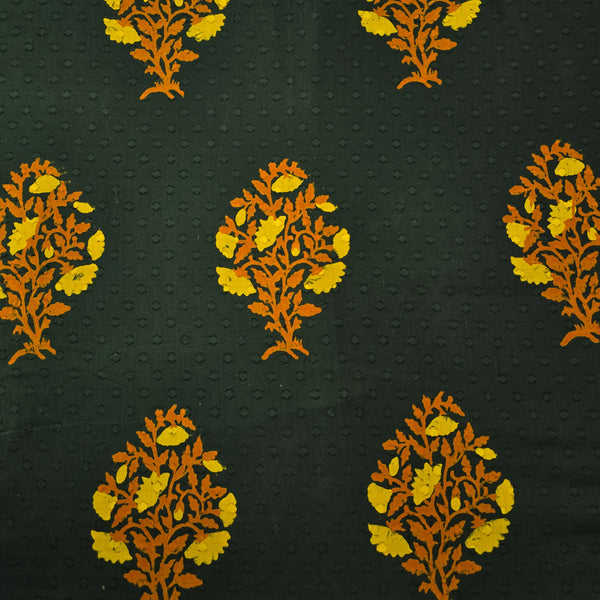 Pure Cotton Doby Dabu Dark Green With Yellow Big Flower Motif  Hand Block Print Fabric