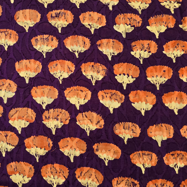 Pure Cotton Doby Dabu Dark Purple With Orange Flower Motif Hand Block Print Fabric