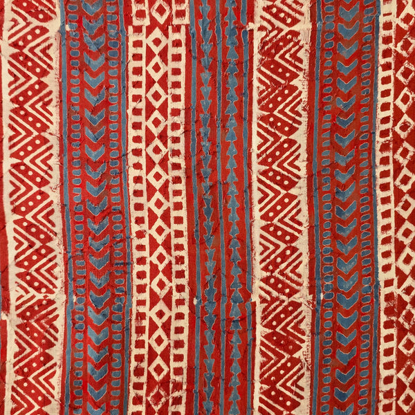 Pure Cotton Doby Dabu Red With White Blue Intricate Stripes Design Hand Block Print Fabric
