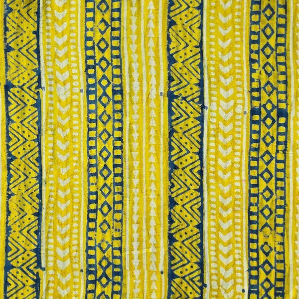 Pure Cotton Doby Dabu Yellow With White  And Blue Intricate Stripes Design Hand Block Print Fabric