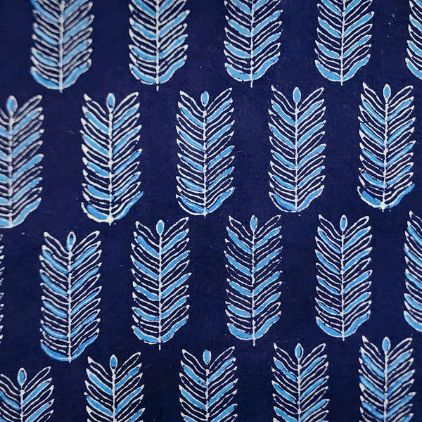 Pure Cotton Gamthi Blue With Baby Blue With Cream Feather Motif Hand Block Print Fabric