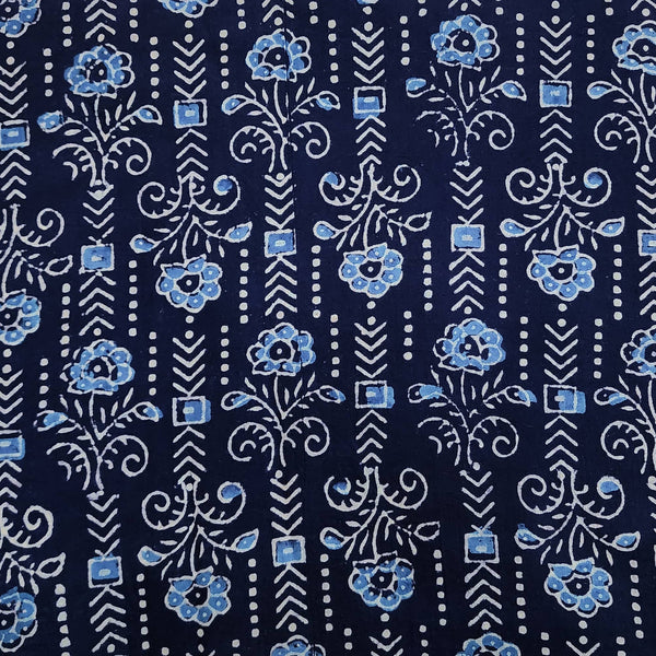Pure Cotton Gamthi Deep Blue With Light Blue Flower Jaal Hand Block Print Fabric