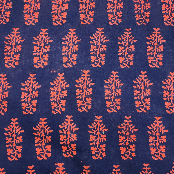 Pure Cotton Gamthi Navy Blue With Orange Flower Motif Hand Block Print Fabric