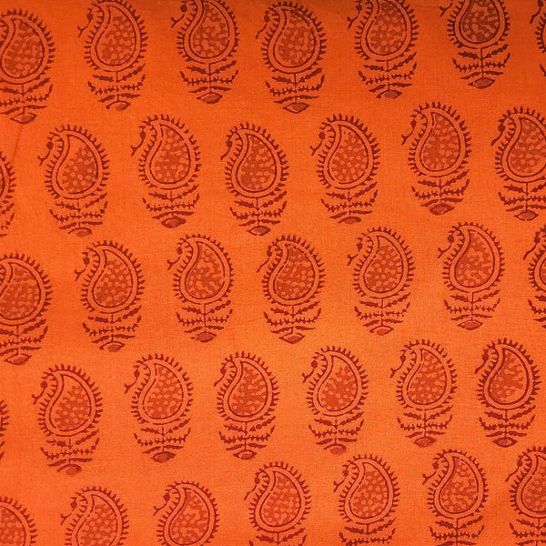 Pure Cotton Gamthi Orange With Maroon Kairi Motif Hand Block Print Fabric